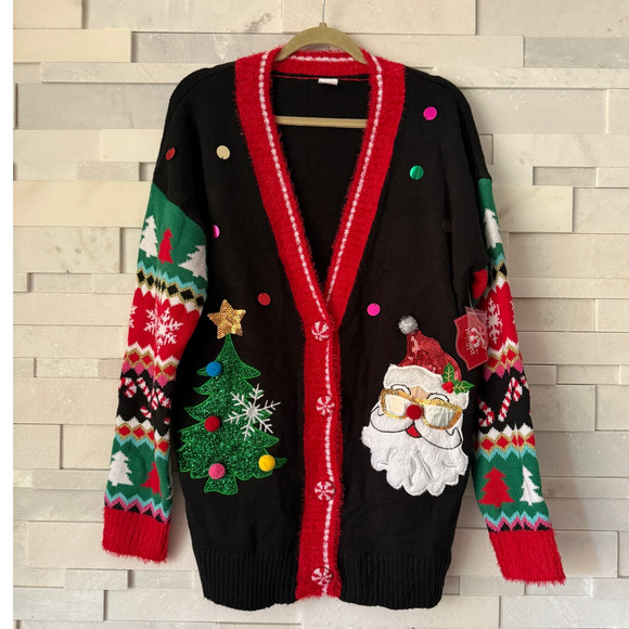 UGLY CHRISTMAS SWEATER NWT Applique Santa Tree CandyCanes Sequin Pom Cardigan XL - Picture 1 of 3